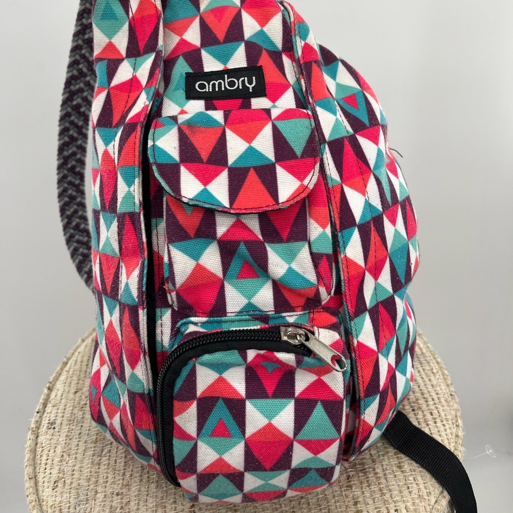 Ambry sling bag crossbody, shoulder hiking Back pack, pink white geometric.